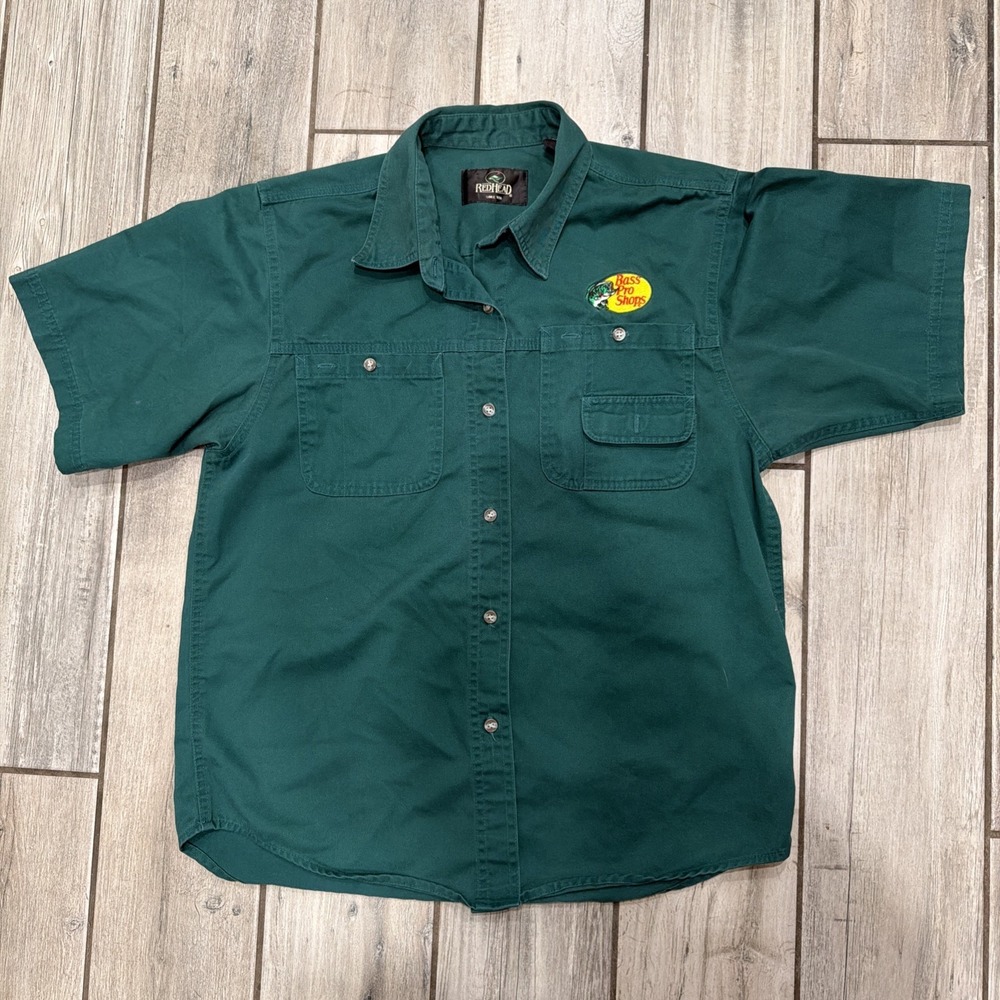 Bass Pro Shops Embroidered Shirt Men's Medium Green Fishing Button-Down Outdoors